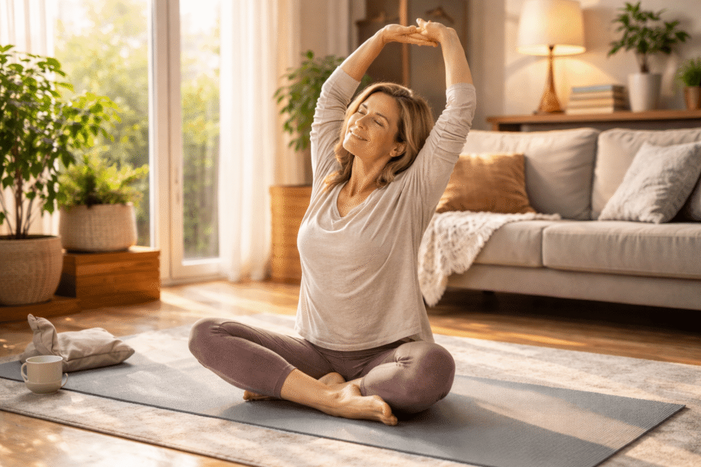 A mature woman doing gentle morning stretches on a yoga mat