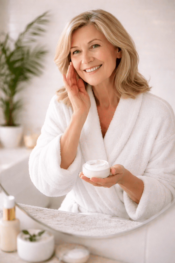 Middle aged woman applying skincare
